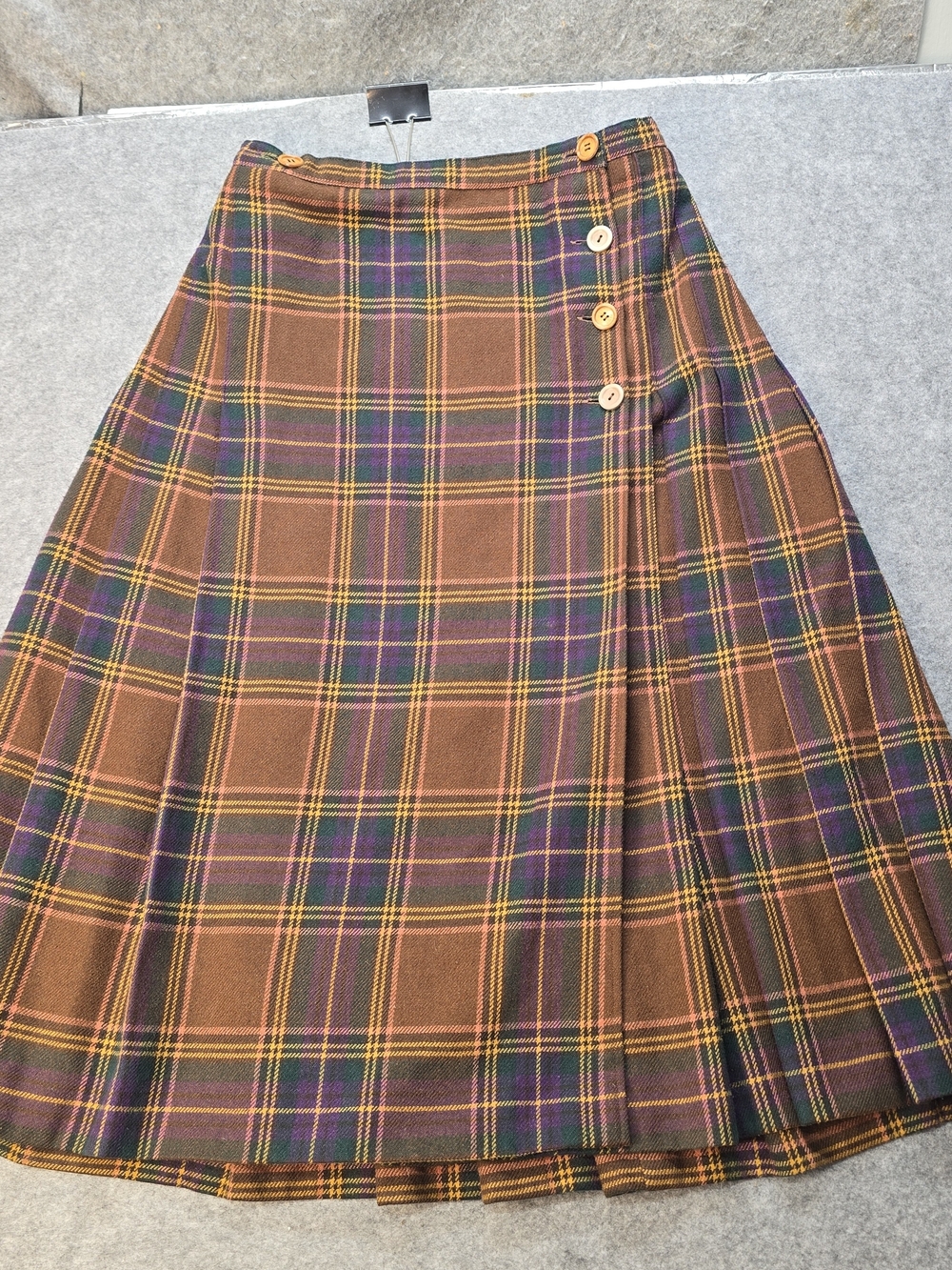 Vintage Pleated Brown Plaid Midi Wool Blend Skirt with Button Detail